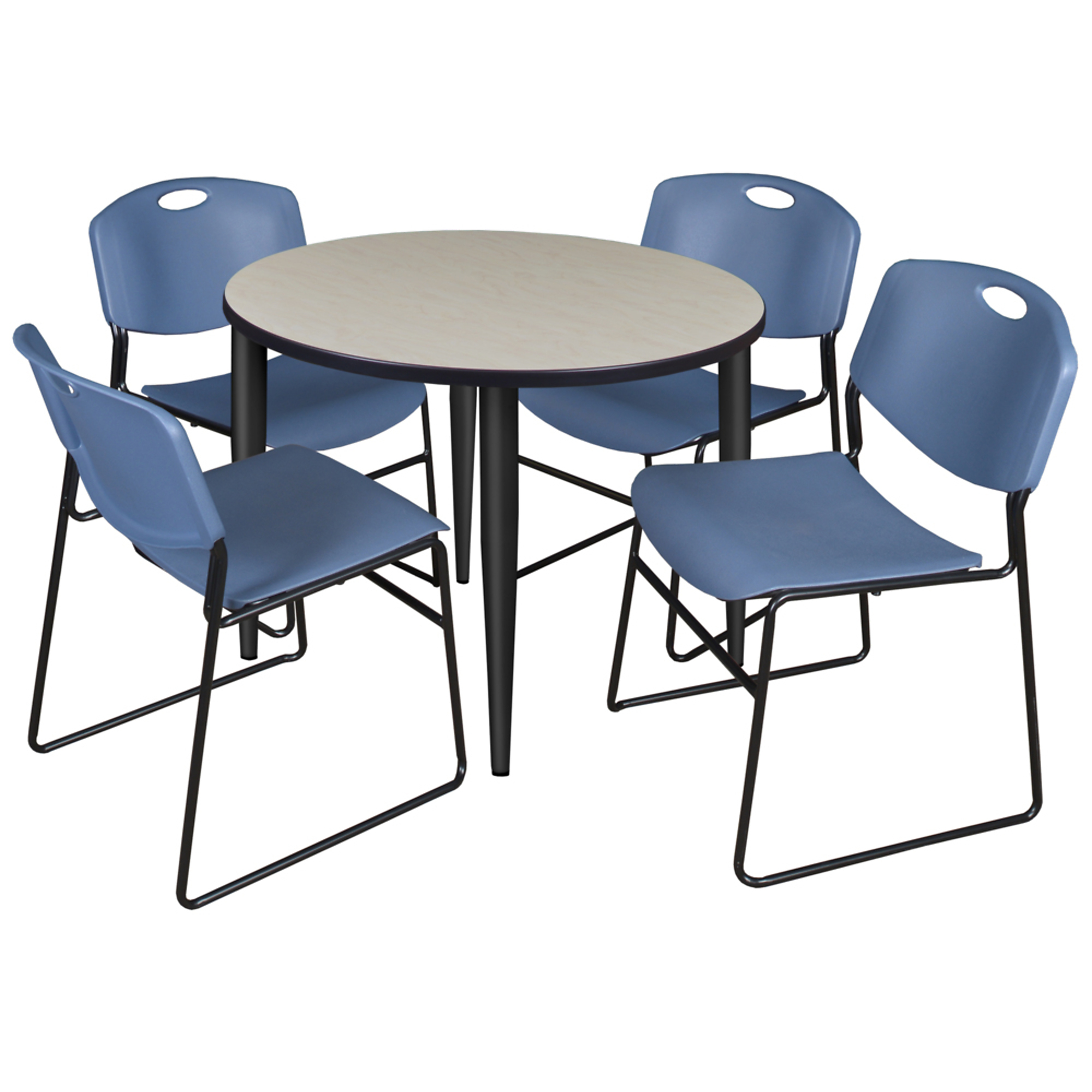 Regency Kahlo Round Breakroom Table Set — 36in. Maple Top, Black Base, 4 Blue Zeng Stack Chairs, Model# TPL36RNDPLBK44BE